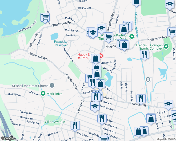 map of restaurants, bars, coffee shops, grocery stores, and more near 201 Reservoir Avenue in Lincoln