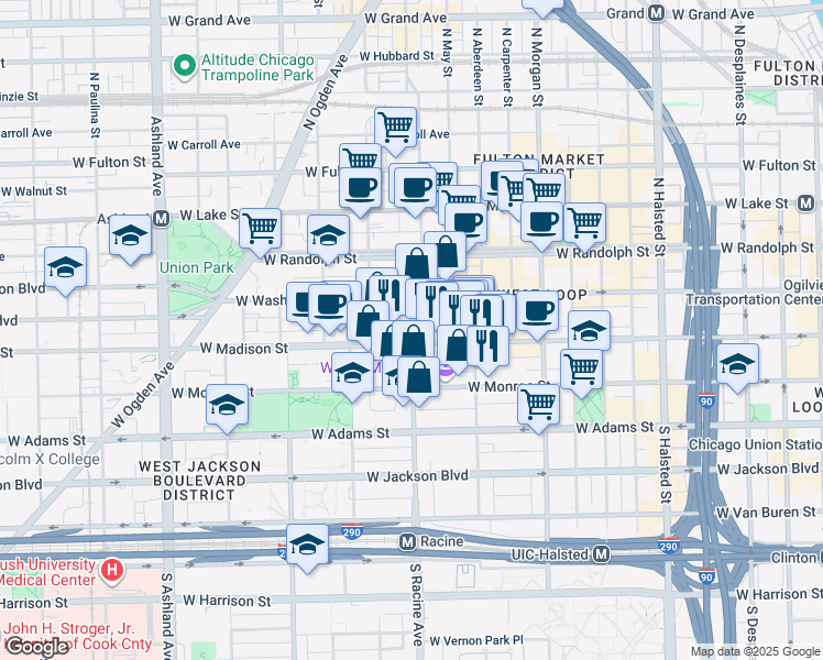 map of restaurants, bars, coffee shops, grocery stores, and more near 1210 West Madison Street in Chicago