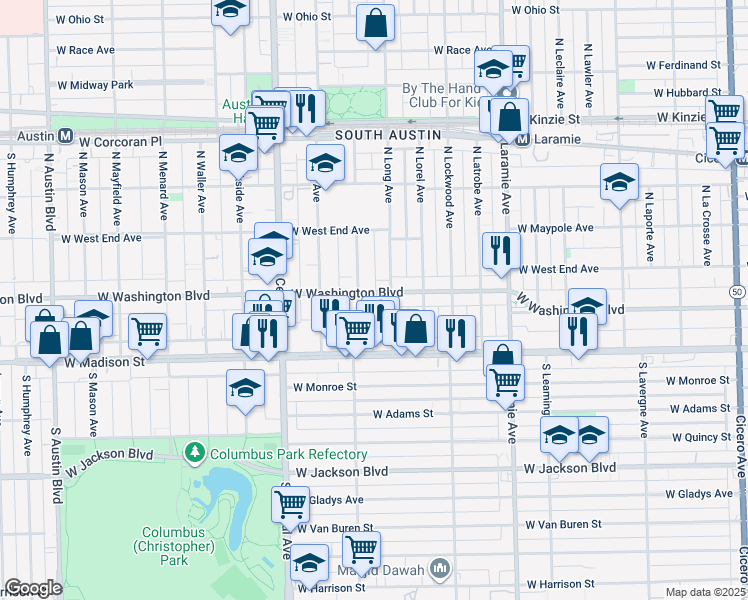 map of restaurants, bars, coffee shops, grocery stores, and more near 5417 West Washington Boulevard in Chicago