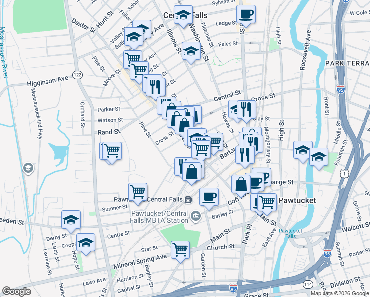 map of restaurants, bars, coffee shops, grocery stores, and more near 290 Dexter Street in Pawtucket