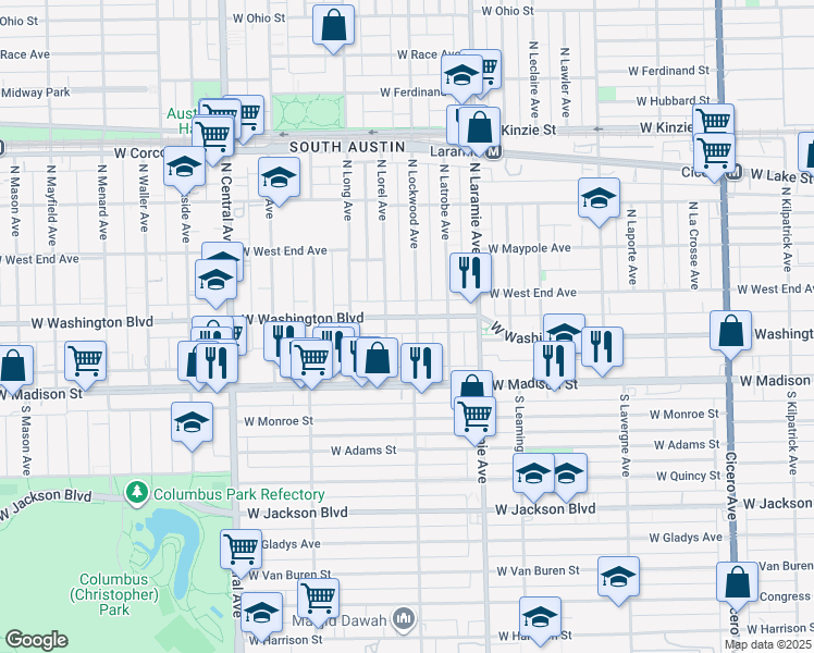map of restaurants, bars, coffee shops, grocery stores, and more near 52 North Lockwood Avenue in Chicago