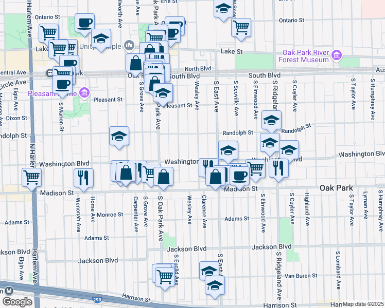 map of restaurants, bars, coffee shops, grocery stores, and more near 651 Washington Boulevard in Oak Park