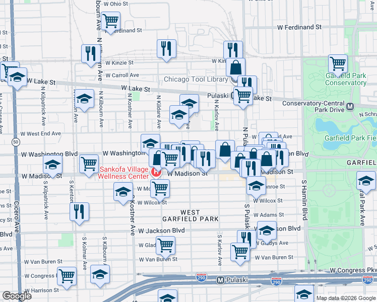 map of restaurants, bars, coffee shops, grocery stores, and more near 4159 West Washington Boulevard in Chicago