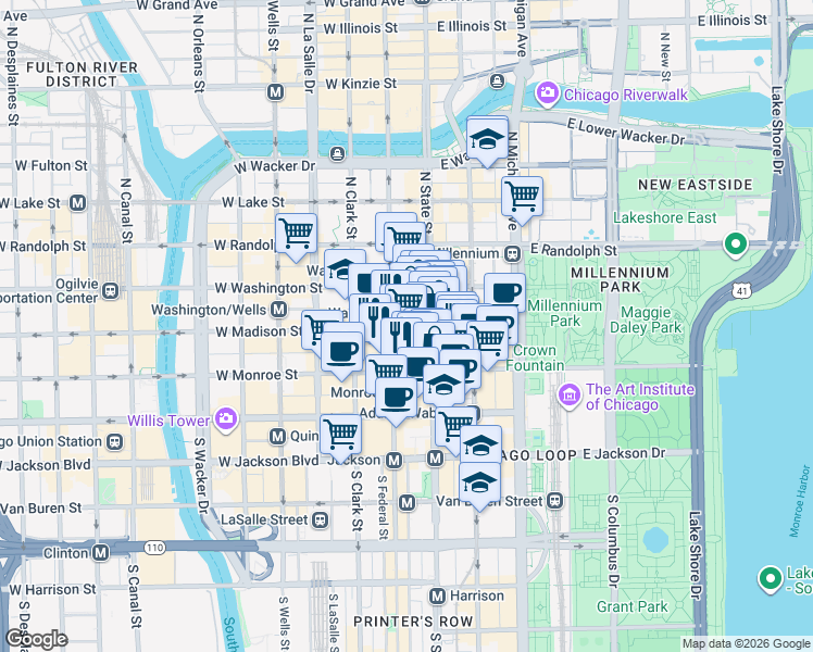 map of restaurants, bars, coffee shops, grocery stores, and more near 122 West Madison Street in Chicago