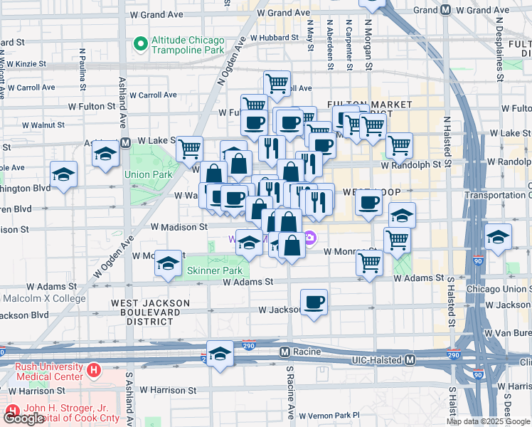 map of restaurants, bars, coffee shops, grocery stores, and more near 1237 West Madison Street in Chicago