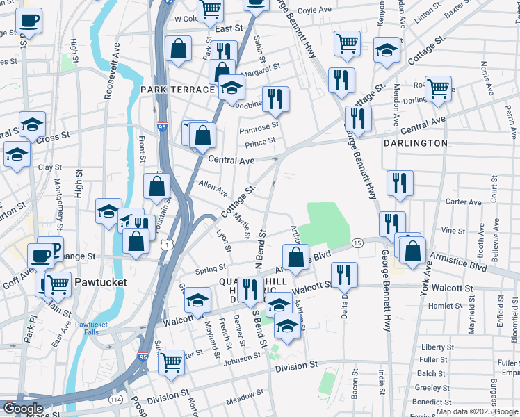 map of restaurants, bars, coffee shops, grocery stores, and more near 144 North Bend Street in Pawtucket