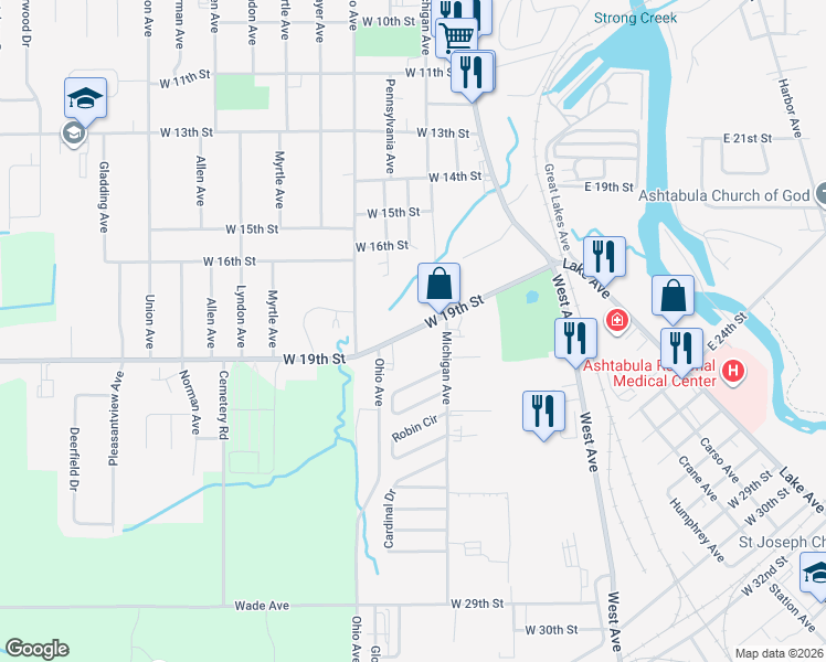 map of restaurants, bars, coffee shops, grocery stores, and more near 1804 West 19th Street in Ashtabula