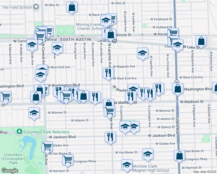 map of restaurants, bars, coffee shops, grocery stores, and more near 35 North Latrobe Avenue in Chicago
