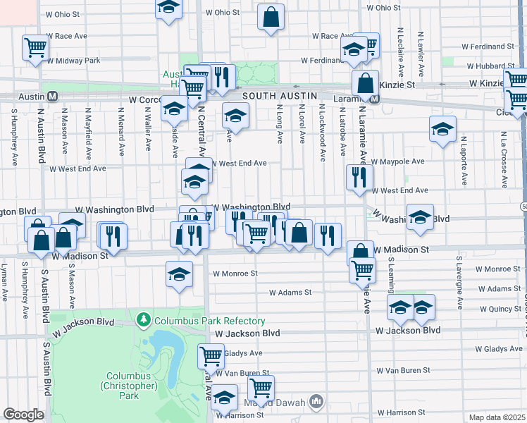 map of restaurants, bars, coffee shops, grocery stores, and more near 5429 West Washington Boulevard in Chicago