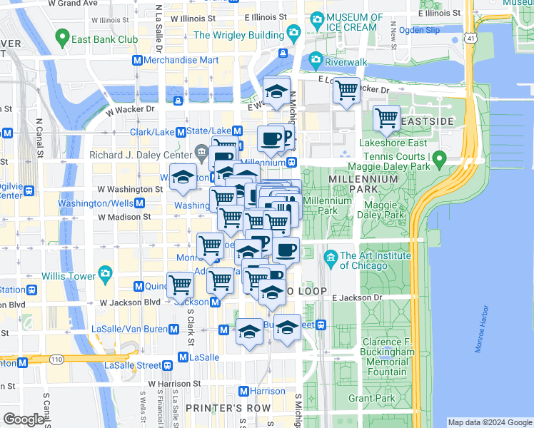 map of restaurants, bars, coffee shops, grocery stores, and more near S Wabash Ave & E Madison St in Chicago