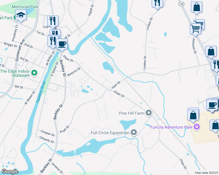 map of restaurants, bars, coffee shops, grocery stores, and more near 6 Pratt Street in Taunton