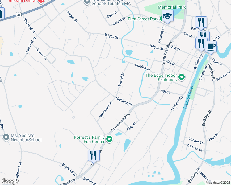 map of restaurants, bars, coffee shops, grocery stores, and more near 17 Highland Street in Taunton