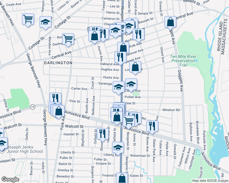 map of restaurants, bars, coffee shops, grocery stores, and more near 62 Wallace Street in Pawtucket