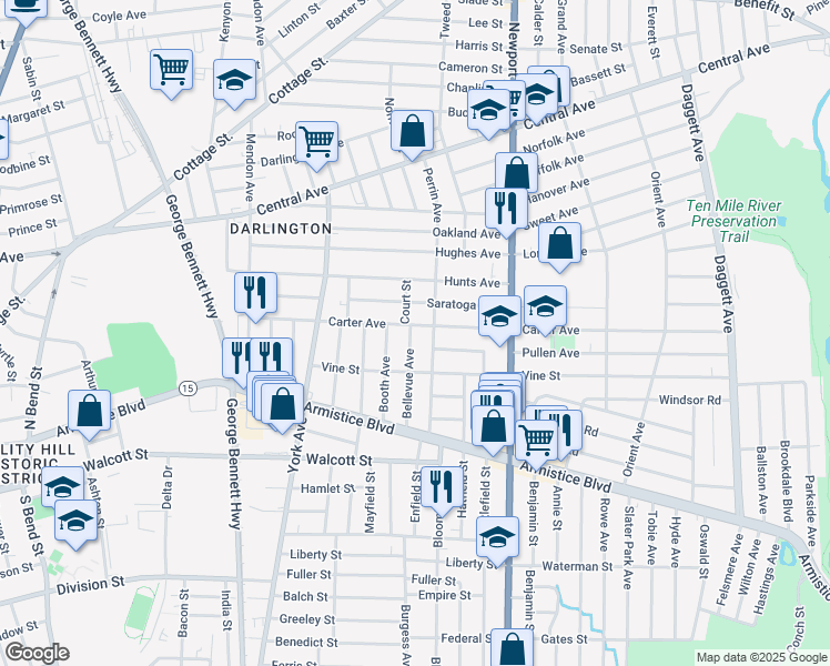map of restaurants, bars, coffee shops, grocery stores, and more near 105 Bellevue Avenue in Pawtucket