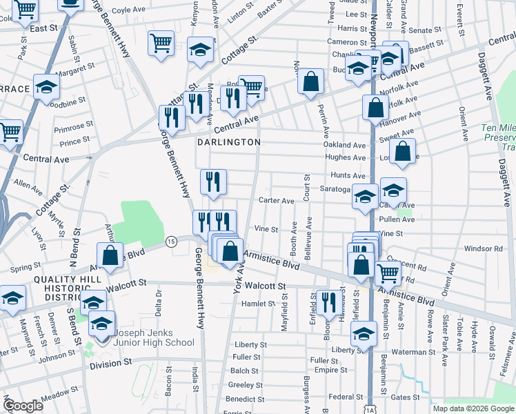 map of restaurants, bars, coffee shops, grocery stores, and more near 84 Harcourt Avenue in Pawtucket