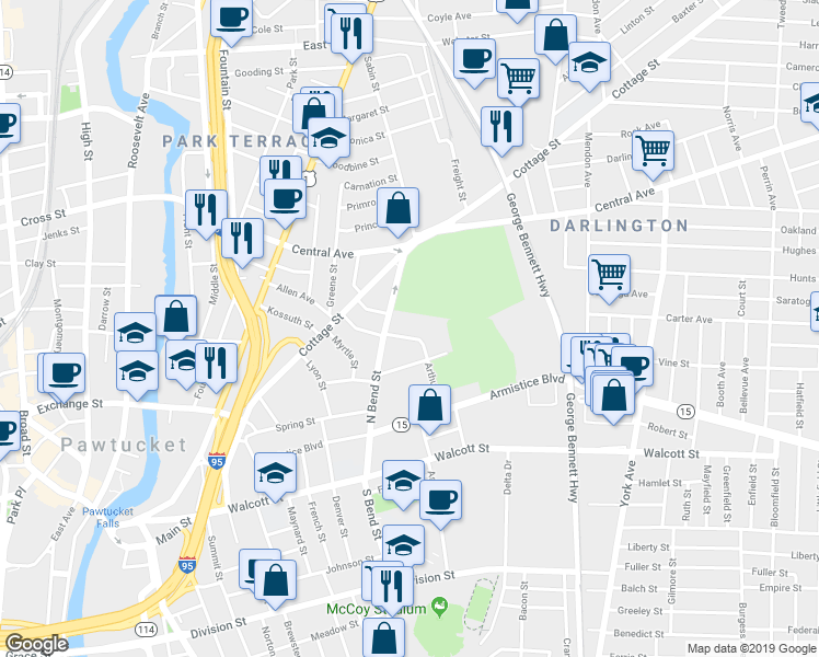 map of restaurants, bars, coffee shops, grocery stores, and more near 82 Arthur Street in Pawtucket