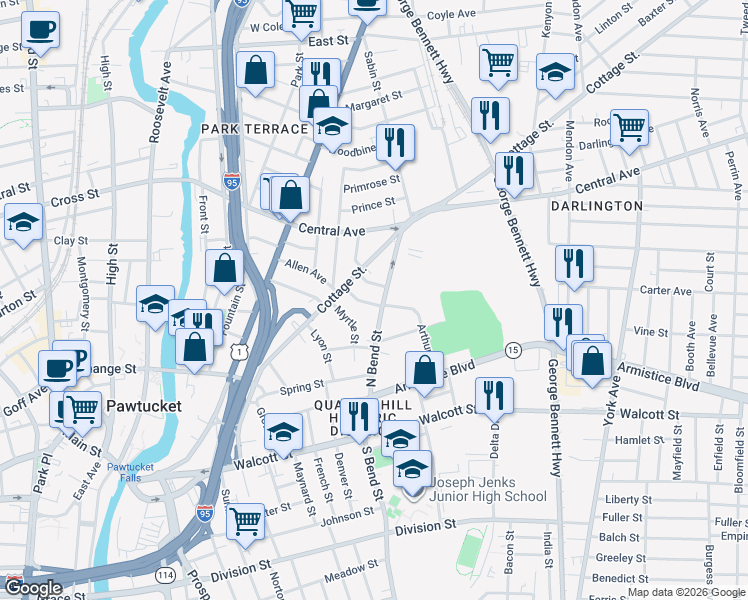 map of restaurants, bars, coffee shops, grocery stores, and more near 144 North Bend Street in Pawtucket