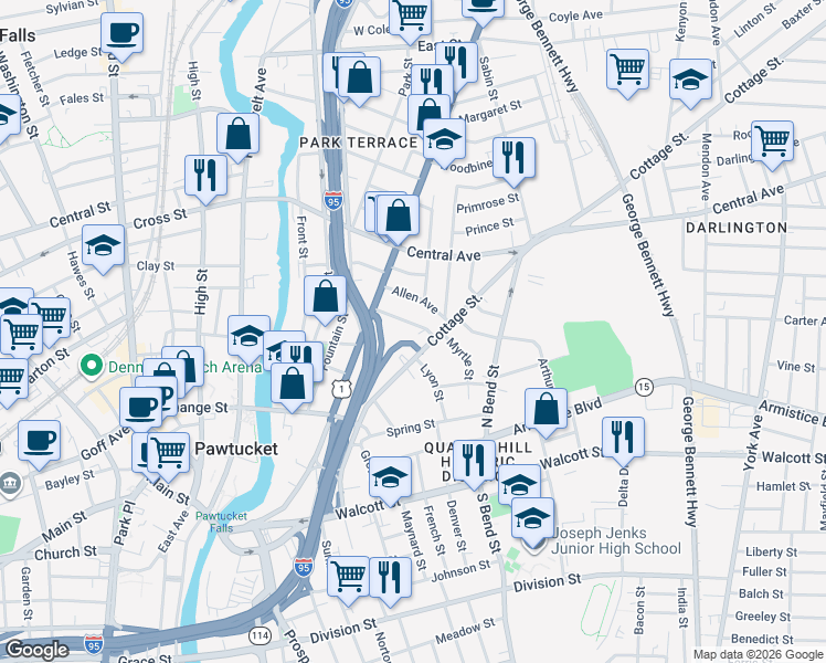 map of restaurants, bars, coffee shops, grocery stores, and more near 128 Cottage Street in Pawtucket
