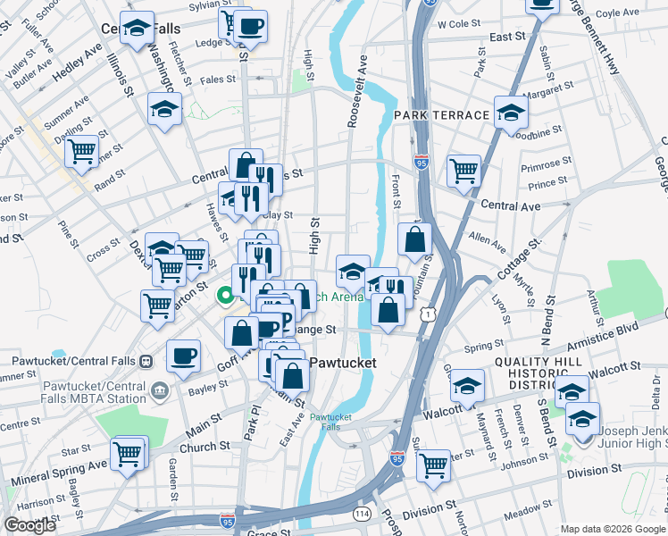 map of restaurants, bars, coffee shops, grocery stores, and more near 60 Saint Marys Way in Pawtucket