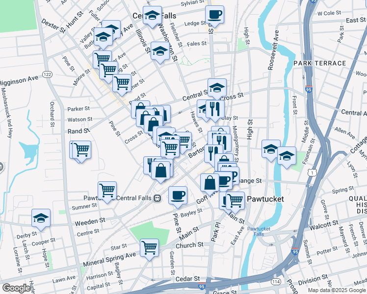 map of restaurants, bars, coffee shops, grocery stores, and more near 223 Barton Street in Pawtucket