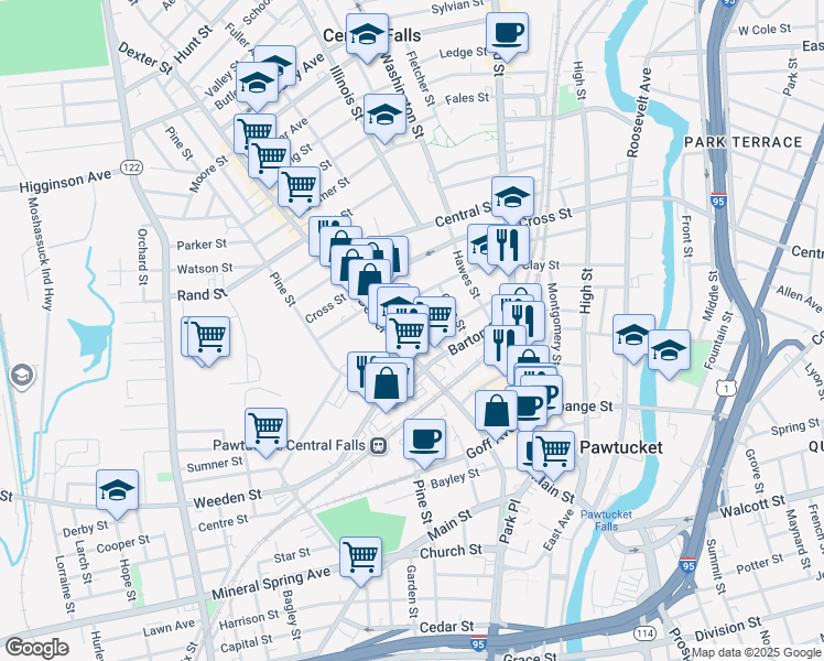 map of restaurants, bars, coffee shops, grocery stores, and more near 235 Dexter Street in Pawtucket