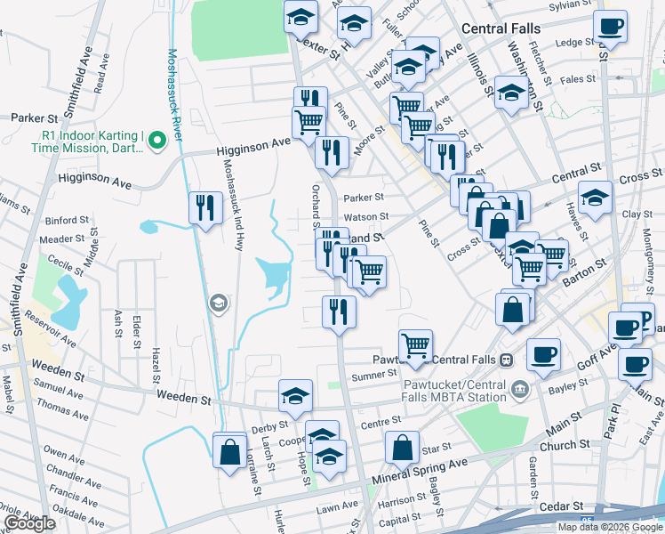 map of restaurants, bars, coffee shops, grocery stores, and more near 465 Lonsdale Avenue in Pawtucket