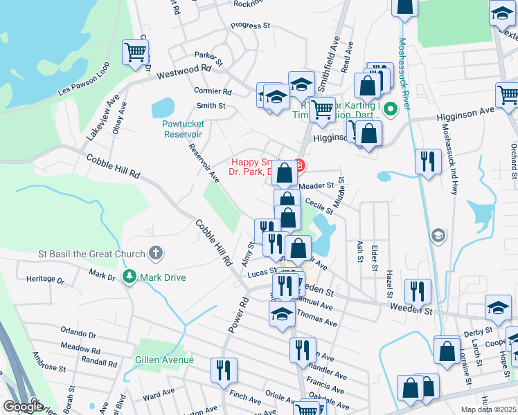map of restaurants, bars, coffee shops, grocery stores, and more near 201 Reservoir Avenue in Lincoln