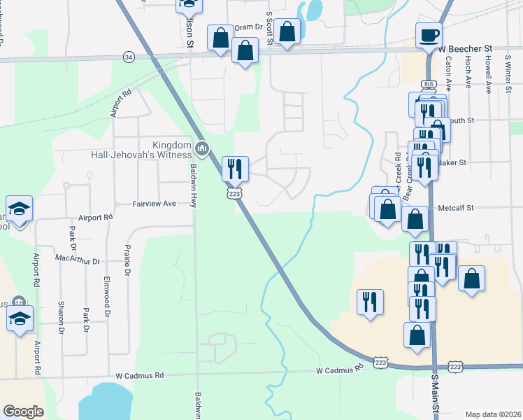 map of restaurants, bars, coffee shops, grocery stores, and more near U.S. 223 in Adrian