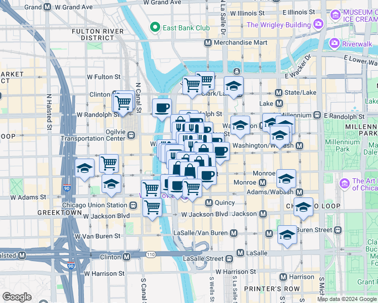 map of restaurants, bars, coffee shops, grocery stores, and more near One South Wacker Drive in Chicago