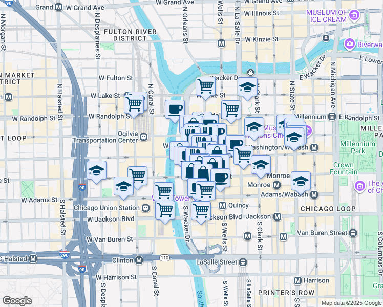 map of restaurants, bars, coffee shops, grocery stores, and more near One South Wacker Drive in Chicago