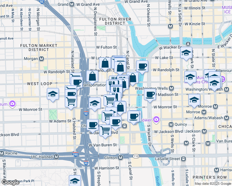 map of restaurants, bars, coffee shops, grocery stores, and more near 575 West Madison Street in Chicago