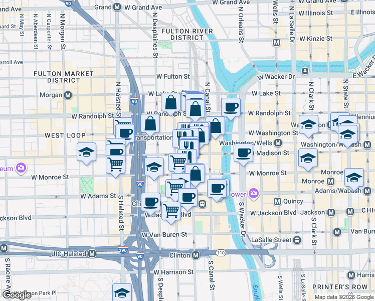 map of restaurants, bars, coffee shops, grocery stores, and more near 575 West Madison Street in Chicago