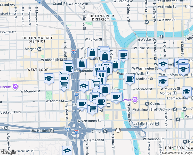 map of restaurants, bars, coffee shops, grocery stores, and more near 575 West Madison Street in Chicago