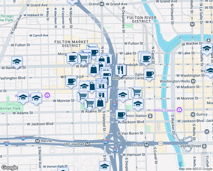 map of restaurants, bars, coffee shops, grocery stores, and more near 739 West Madison Street in Chicago