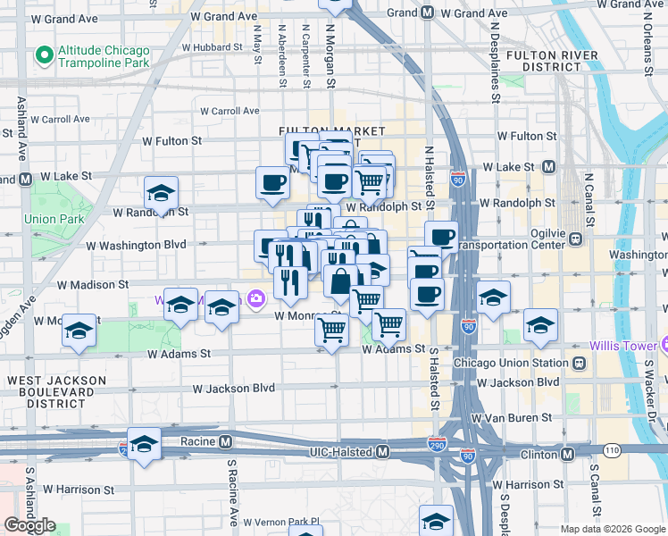 map of restaurants, bars, coffee shops, grocery stores, and more near 1006 West Madison Street in Chicago