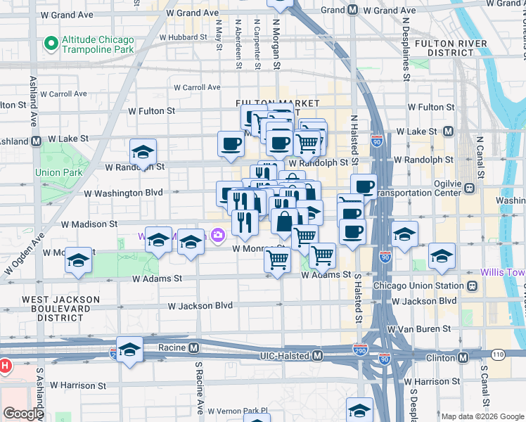 map of restaurants, bars, coffee shops, grocery stores, and more near 1006 West Madison Street in Chicago