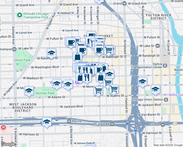 map of restaurants, bars, coffee shops, grocery stores, and more near 1051 West Madison Street in Chicago