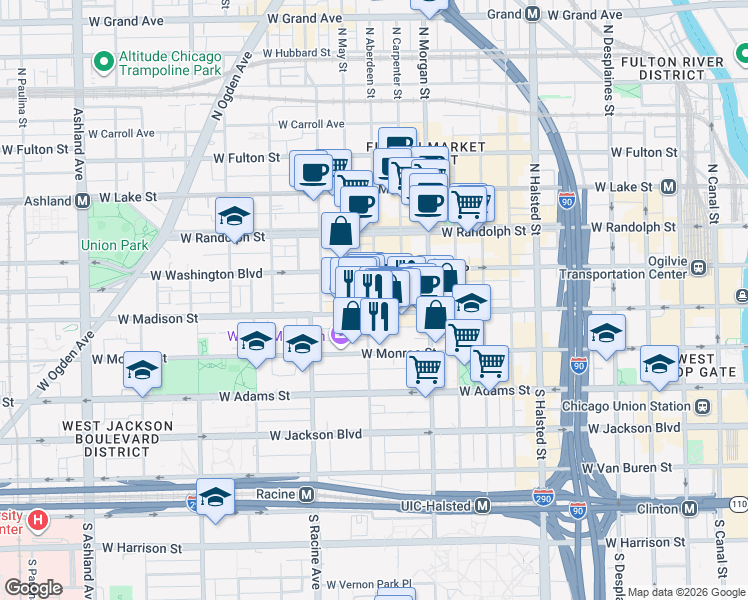 map of restaurants, bars, coffee shops, grocery stores, and more near 1051 West Madison Street in Chicago