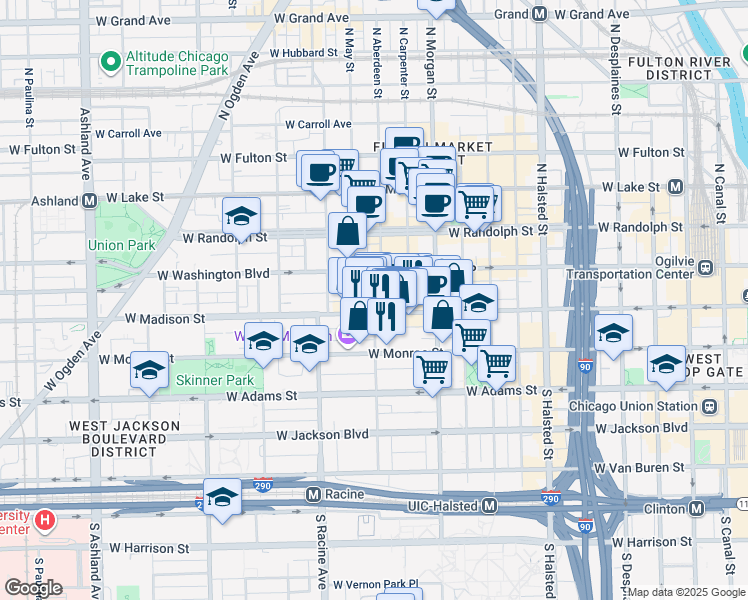 map of restaurants, bars, coffee shops, grocery stores, and more near 1051 West Madison Street in Chicago