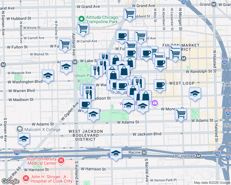 map of restaurants, bars, coffee shops, grocery stores, and more near 1342 West Madison Street in Chicago