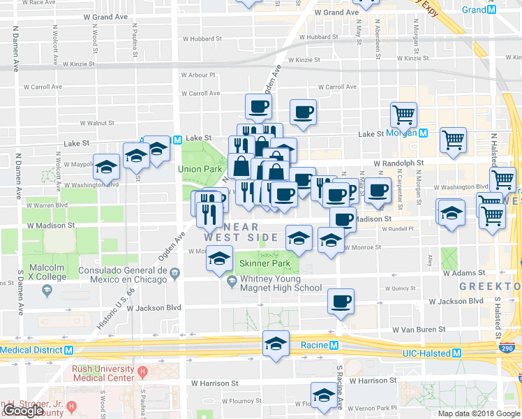 map of restaurants, bars, coffee shops, grocery stores, and more near 1342 West Madison Street in Chicago