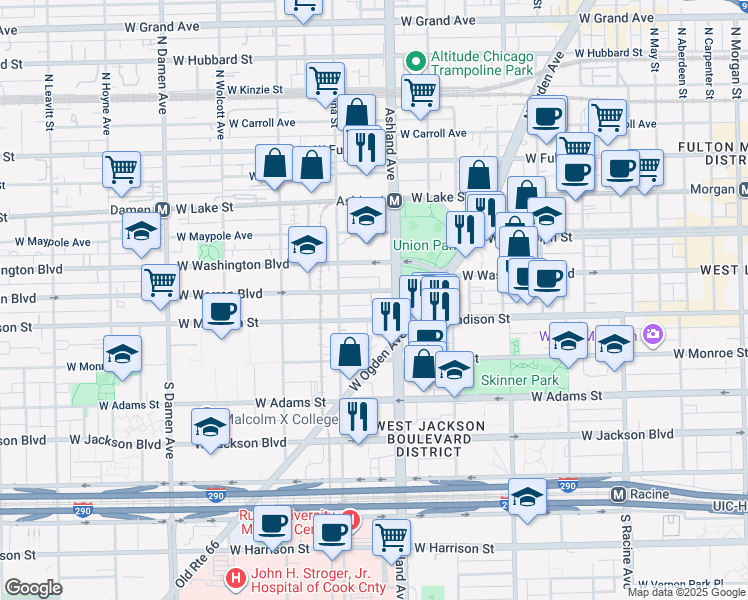 map of restaurants, bars, coffee shops, grocery stores, and more near 1606 West Madison Street in Chicago