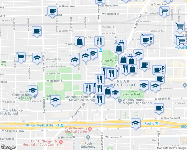 map of restaurants, bars, coffee shops, grocery stores, and more near 1606 West Madison Street in Chicago