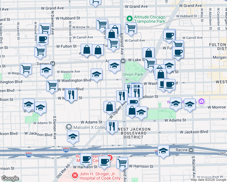 map of restaurants, bars, coffee shops, grocery stores, and more near 1666 West Madison Street in Chicago