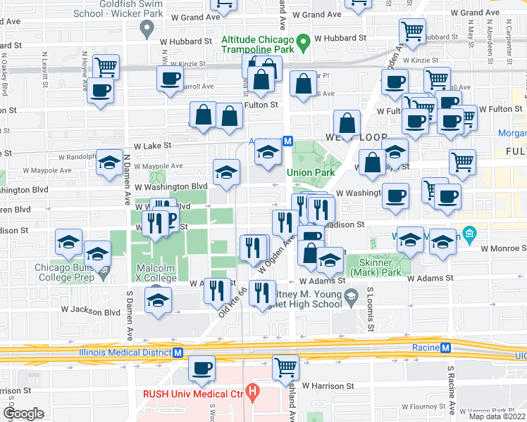 map of restaurants, bars, coffee shops, grocery stores, and more near in Chicago