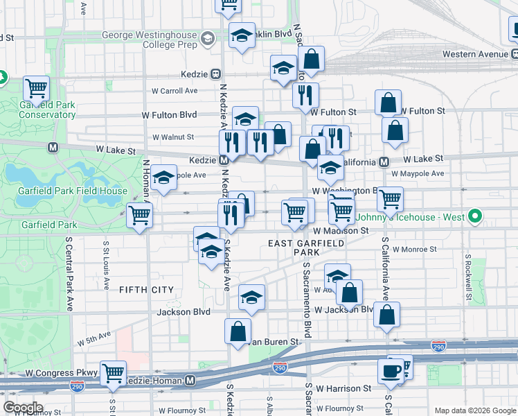 map of restaurants, bars, coffee shops, grocery stores, and more near 3059 West Warren Boulevard in Chicago