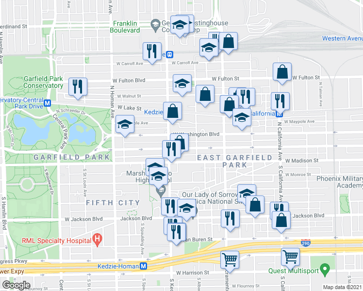 map of restaurants, bars, coffee shops, grocery stores, and more near 3129 Nancy B Jefferson Boulevard in Chicago