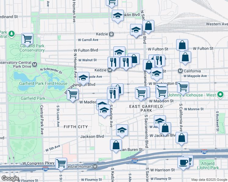 map of restaurants, bars, coffee shops, grocery stores, and more near 3129 Nancy B Jefferson Boulevard in Chicago