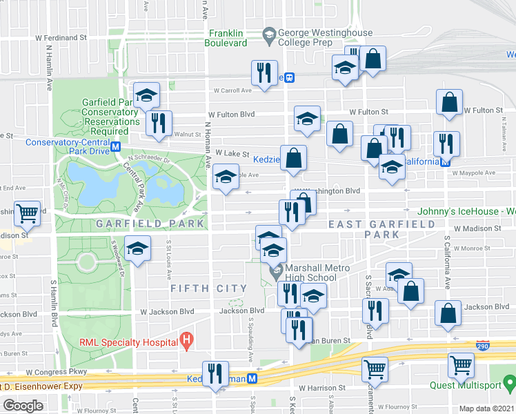 map of restaurants, bars, coffee shops, grocery stores, and more near 3249 West Warren Boulevard in Chicago