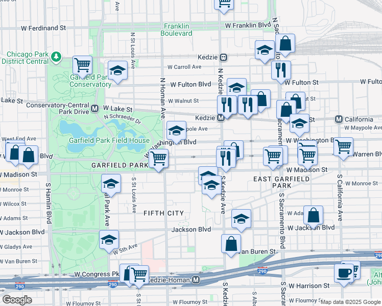 map of restaurants, bars, coffee shops, grocery stores, and more near 3321 West Warren Boulevard in Chicago